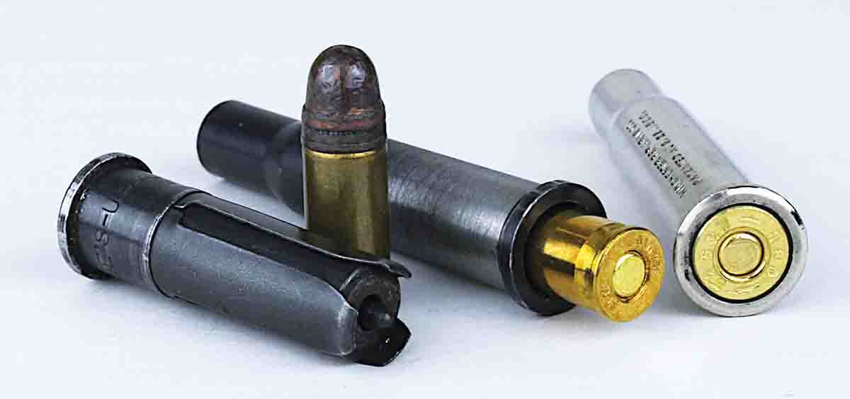 The Marble’s auxiliary chamber (left) with its integral firing pin is not a “chamber” in the usual sense; the unmarked and Winchester auxiliary chambers accept pistol cartridges in typical fashion.